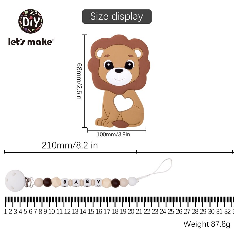 Let's Make-Clips de chupete para bebé, juguete de silicona con letras de animales de León, regalo personalizado, sin BPA, soporte para pezones, 4 a 6 meses, 1 unidad