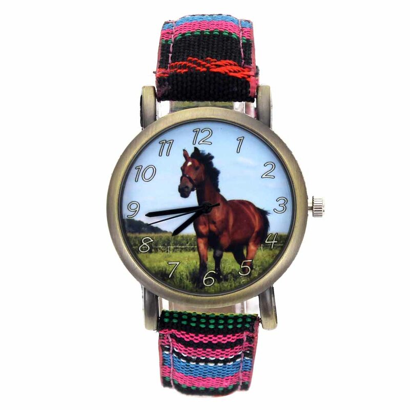 Reloj de cuarzo deportivo para hombre y mujer, con estampado de caballo corriendo, Animal, unicornio, caballos, a rayas, tela vaquera, banda de lona