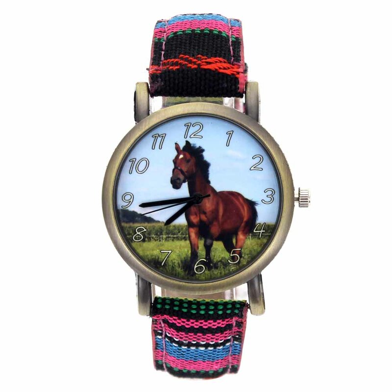 Homens e mulheres correndo com estampa de cavalo Sport Quartz Watch, Unicórnio, Cavalo, Listras, Denim Cloth, Canvas Band, Fashion