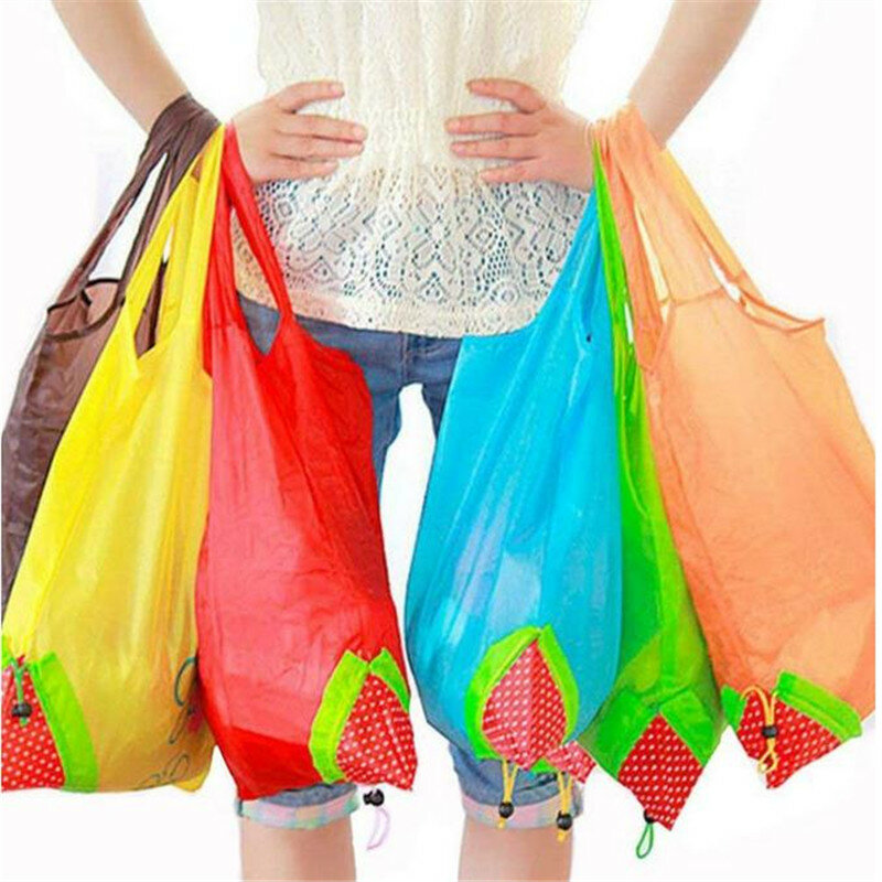 Bolsa de compras reutilizável de nylon, bolsa de compras dobrável de morango, bolsa de merceiro eco para viagens