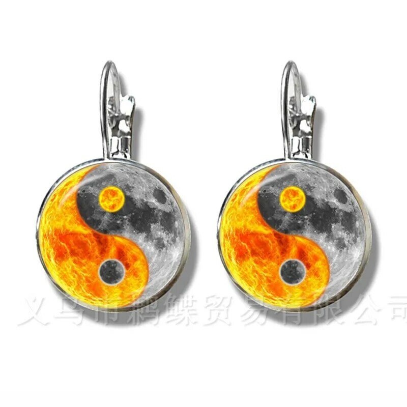 Boucles d'oreilles Yin Yang en verre plaqué argent, symbole de feu et d'eau, bijoux en forme de dôme, Taoism bouddhisme spirituel, harmonie Yin-Yang