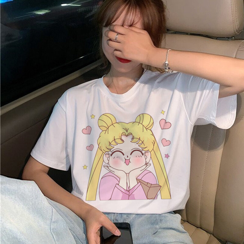 Camiseta kawaii lua 90s, camiseta feminina manga curta, estética, anime fofo, top feminino