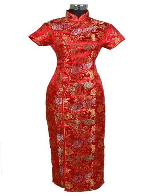 Fashion Black Chinese Women's Satin Cheong-sam Long Qipao Dress Flower S M L XL XXL XXXL J0024