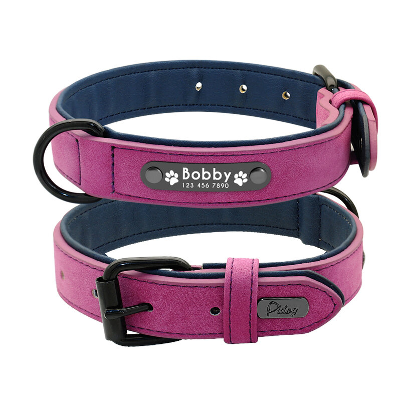 Dog Collar de couro personalizado, etiquetas de identificação personalizadas para cães pequenos, médios e grandes, Pitbull, Bulldog, Beagle
