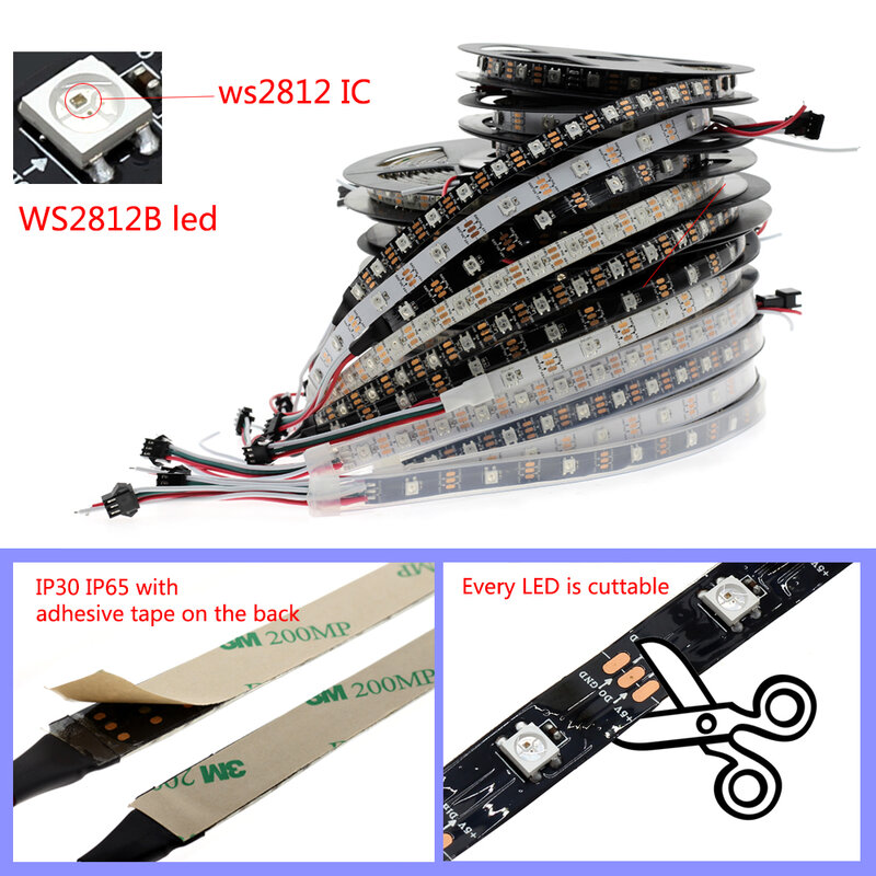 Умная Пиксельная Светодиодная лента WS2812B, 5 метров, 30/60/144 светодиодов, 5 в постоянного тока, водонепроницаемая цифровая светодиодная ленсветильник RGB IP30 IP65