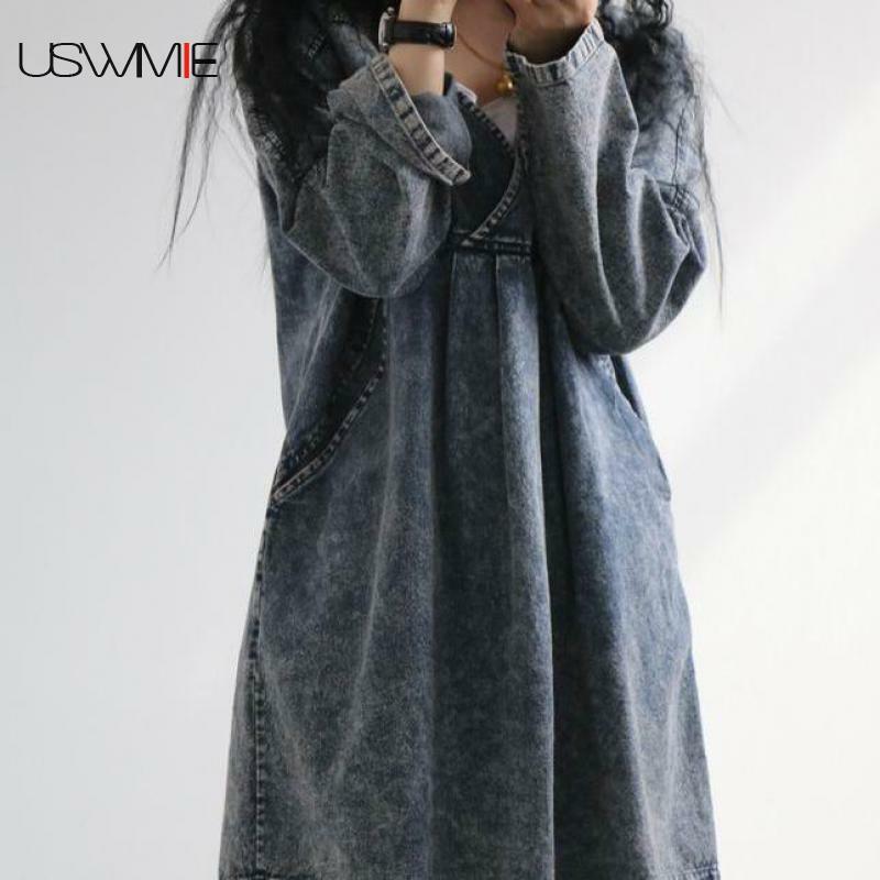 USWMIE-Jersey de manga larga con cuello en V para mujer, ropa básica de vaquero con lavado chino modificado, Estilo Vintage, informal, 2020