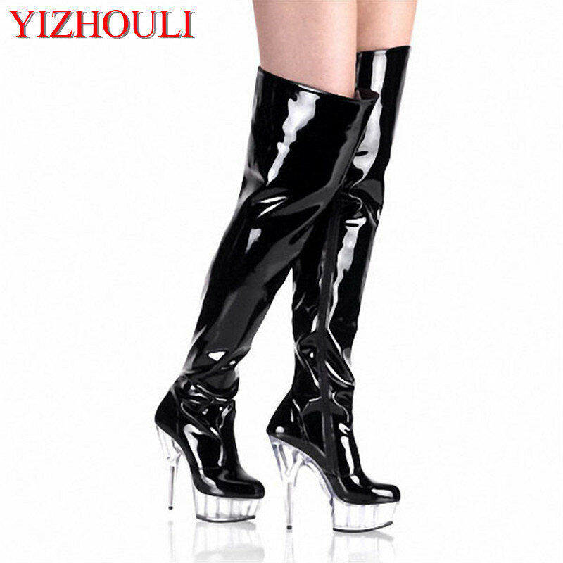 Super high heel boots with 15cm crystal soles, stiletto banquet plus-size dancing boots with 6in high heels