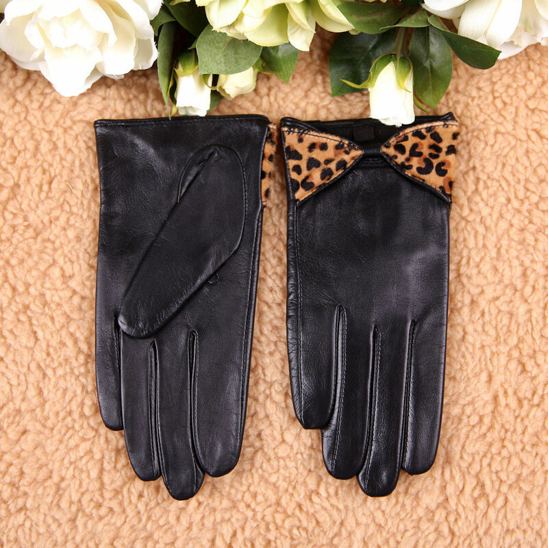 Oryginalne skórzane rękawiczki damskie kobiece Leopard Bowknot rękawice z owczej skóry krótki styl Trend w modzie L100NQ-1