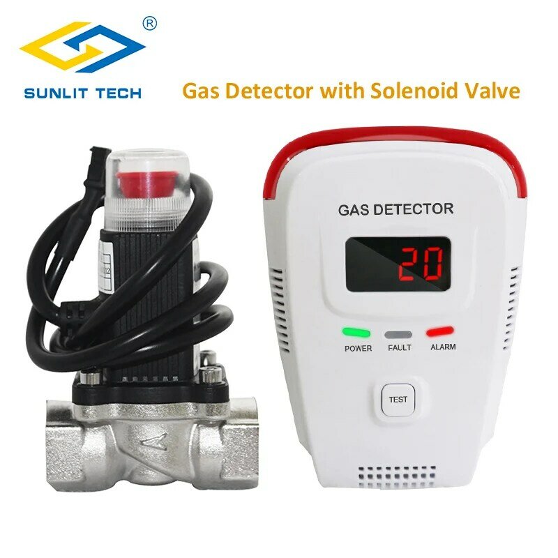 Sensor de fugas de Gas Natural LPG, alarma de Gas, instrucción de voz con válvula solenoide DN15, apagado automático para protección de seguridad del hogar inteligente