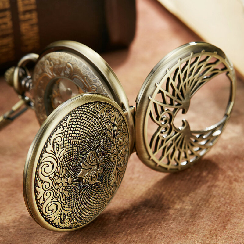럭셔리 황금 사랑 날개 기계식 포켓 시계 남성 여성 Fob 체인 독특한 할로우 디자인 해골 양면 손 바람 시계