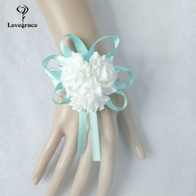 Lovegrace Handgelenk Korsagen Armband Schaum Weiß Rose Handgelenk Blumen für Brautjungfer Armband Hochzeit Zubehör Braut Hand Blume