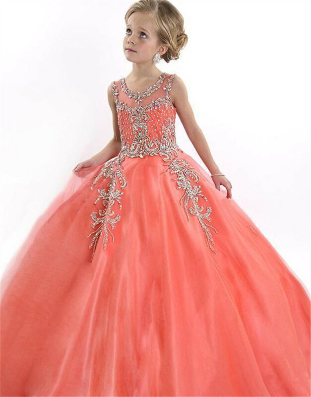 2019 Peach Special Occasion Flower Girl Dresses Cute Tulle Formal Long Beaded Pageant Gowns For Girls Floor Length