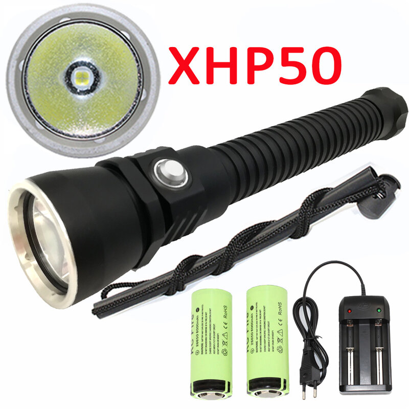 Wasserdicht XHP50 LED Tauchen Taschenlampe Unterwasser Tauchen Flash Licht Leistungsstarke Taschenlampe Lampe + 2x 26650 Batterie + Ladegerät