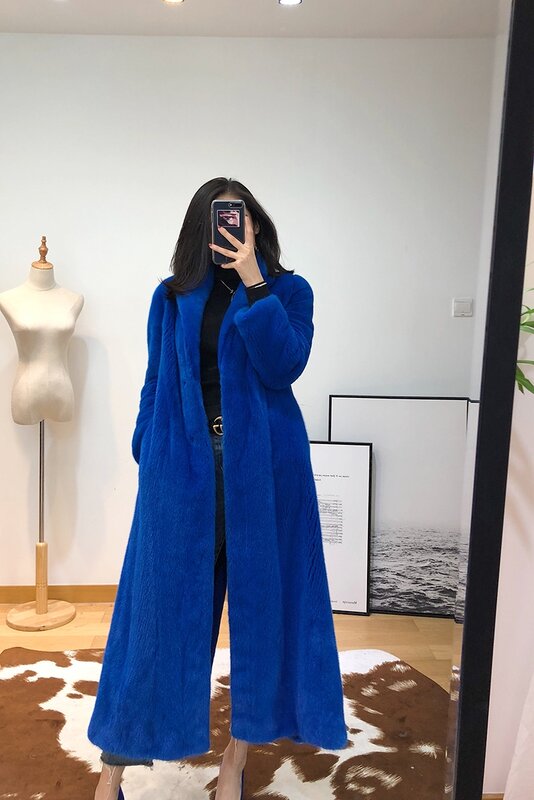 Feminino real pele de vison casaco longo temperamento feminino mangas compridas casaco de pele de vison veludo-grau auto-melhoria azul garfo traseiro