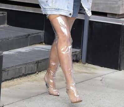 Botas femininas transparentes de pvc e pontas sobre o joelho, novo modelo de celebridade, com salto alto transparente