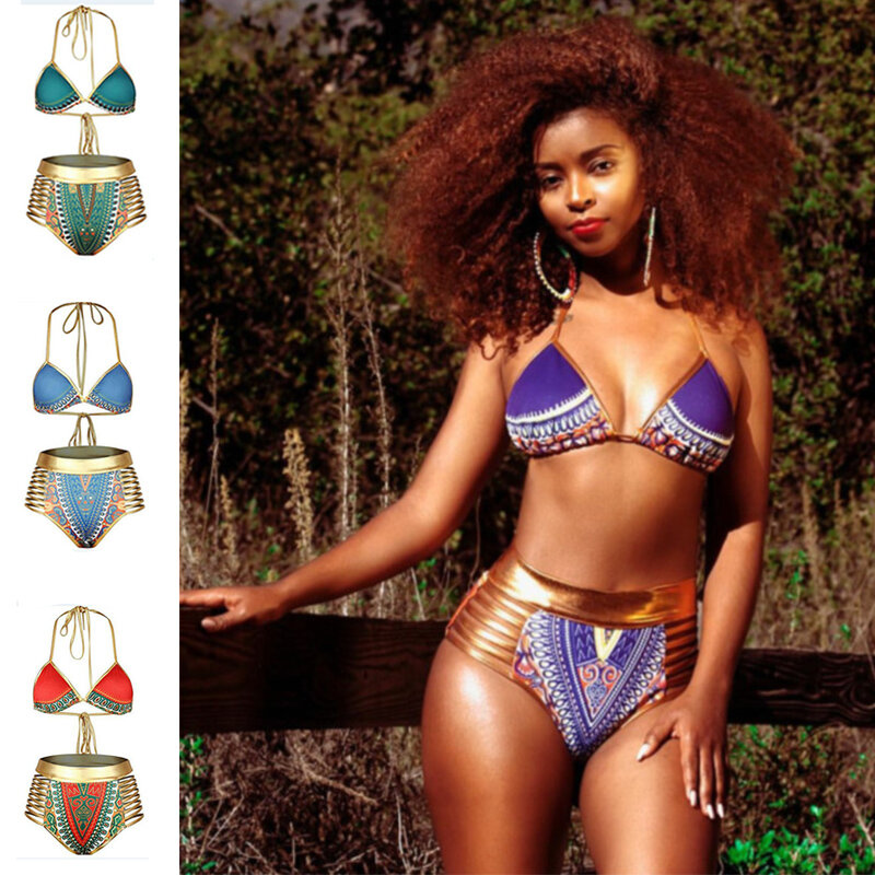 MSSNNG Monokini Bikini African Print Biquinis Set Bath Suit Women Sexy Plus Size Swimwear Swimsuit Gold High Waist Swimming Suit