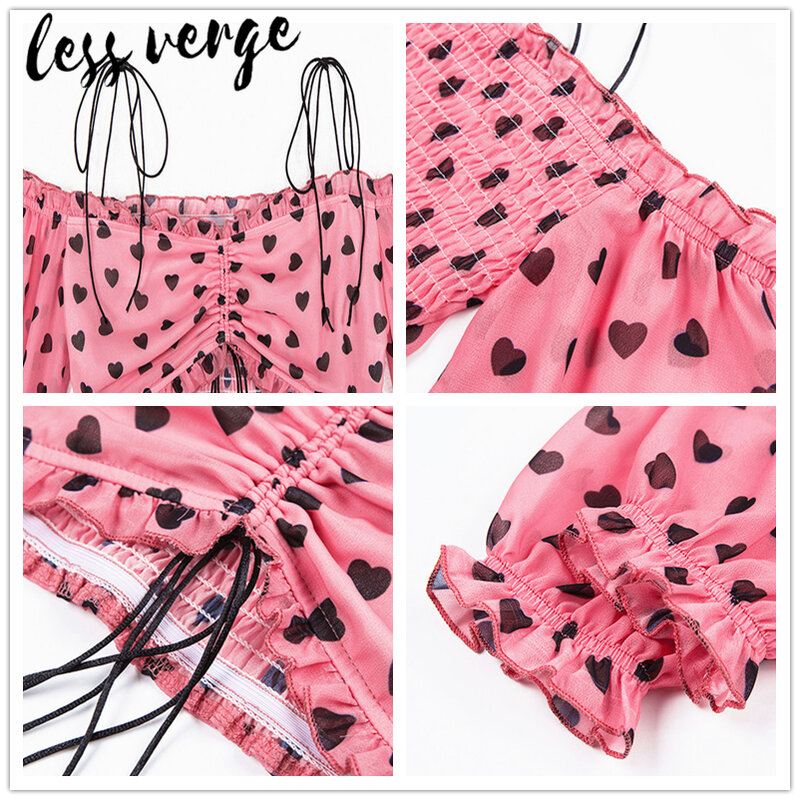 lessverge Pink print chiffon two piece set outfits Off Shoulder ruffles dress suit Lace up boho crop top Bodycon mini skirt set