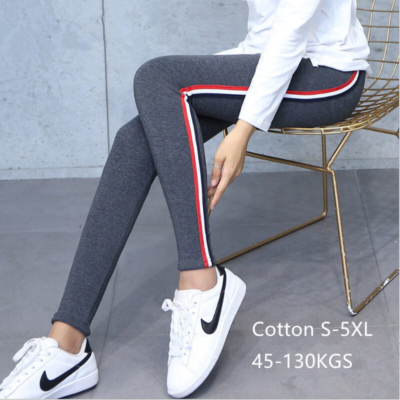 Leggings en coton taille haute pour femmes, pantalon à rayures latérales, leggings de fitness décontractés, femme dodue, haute qualité
