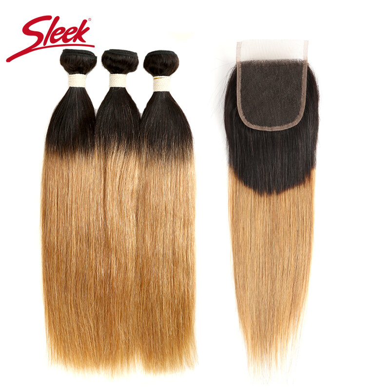 Sleek Bundles With Closure Brazilian Straight T1B/27 Human Hair 3 Bundles With Closure And T1b/30 Natural Remy Hair Extensions
