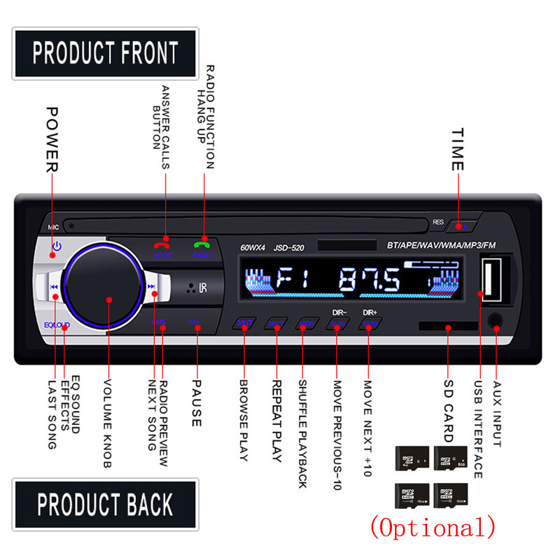 Podofo JSD-520 1 Din Auto Radio Tape Recorder 5301 Bluetooth MP3 Speler Fm Audio Stereo Receiver Muziek Usb/Sd in Dash Aux Input
