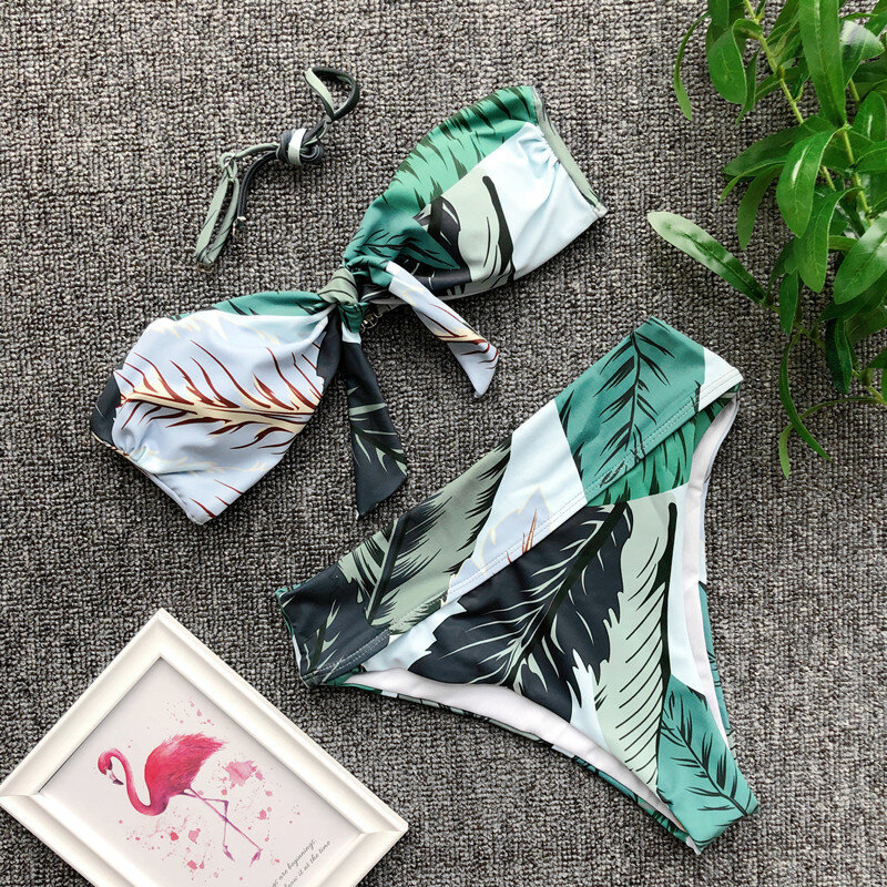 Novos biquínis de cintura alta femininos, biquínis sensuais estampados com folhas verdes, sem alças, moda praia 2019 conjunto de