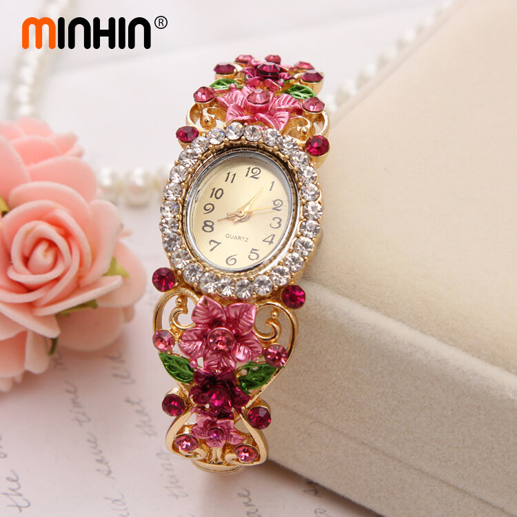 Бренд minhin, роскошный браслет, часы, дамский браслет с цветами из кристаллов, женские, прекрасный подарок, платье, кварцевые часы, позолоченны...