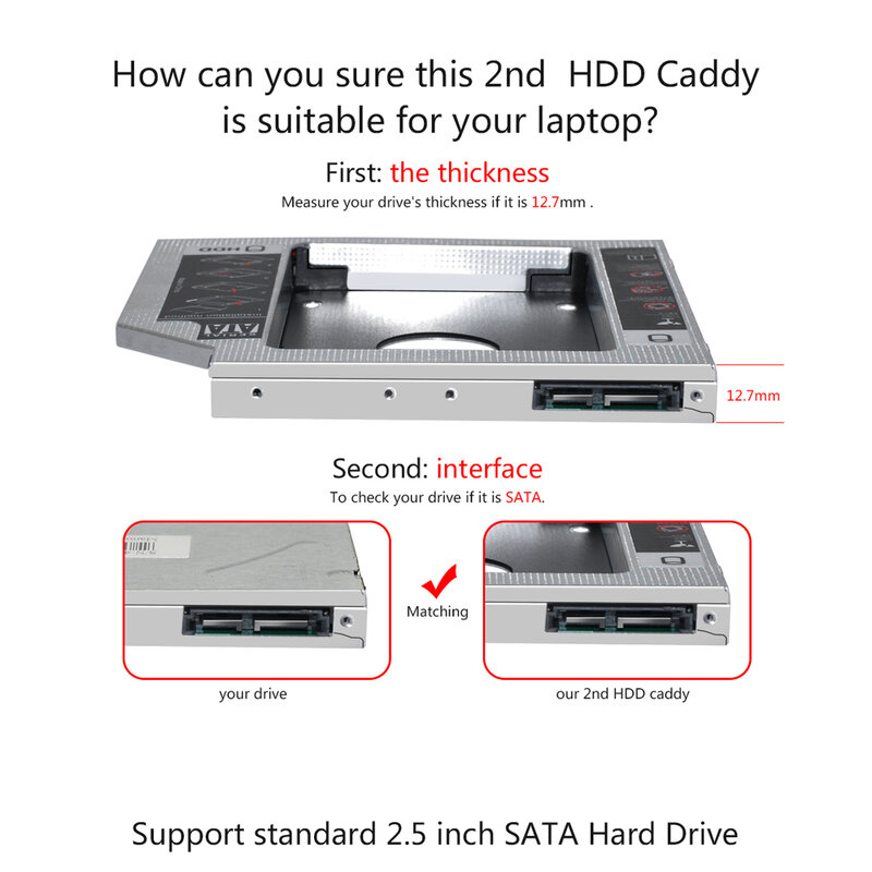 Aluminium 2. HDD Caddy 9.5mm 12.7mm SATA 3.0 Optibay skrzynka dysku twardego obudowa adaptera DVD 2.5 SSD do laptopa