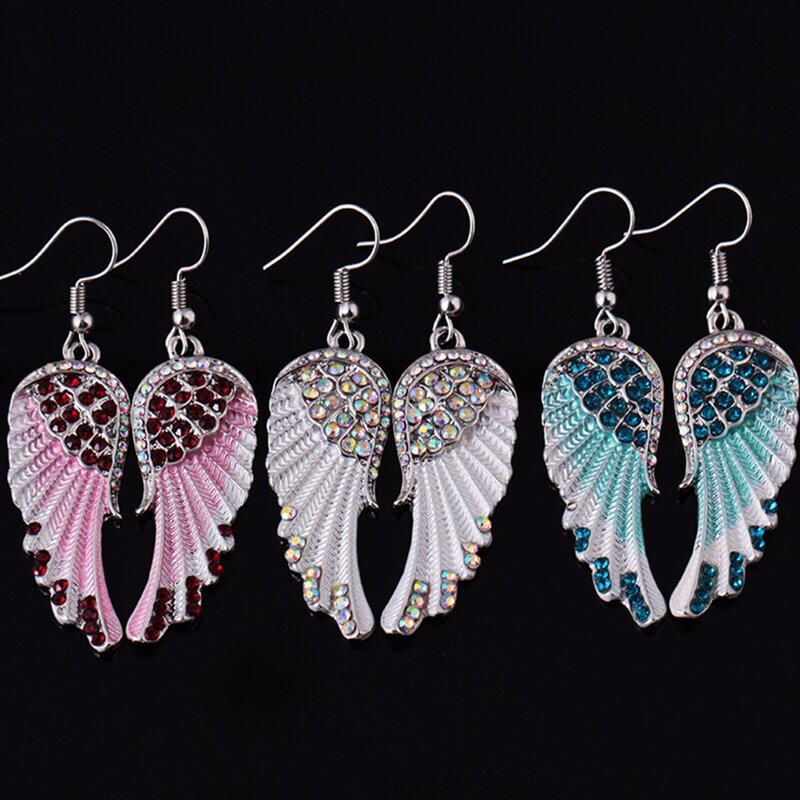Boucle d'oreille en cristal, ailes d'ange, plume, Dangle, bijoux antiques élégants pour femmes, 3 couleurs