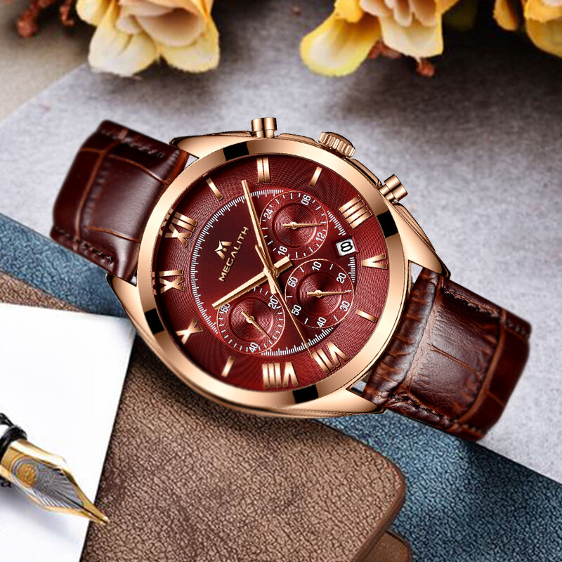 Reloj de cuero de moda MEGALITH para hombre reloj deportivo de cuarzo con fecha impermeable relojes para hombre, reloj de lujo de marca superior