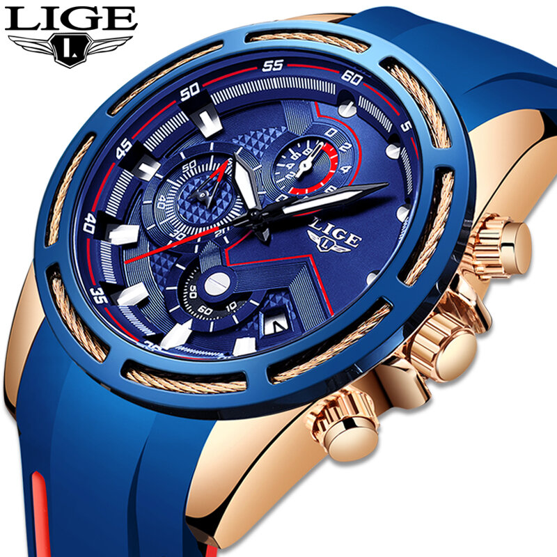 LIGE новые мужские часы лучший бренд класса люкс Синий Силиконовый ремешок водонепроницаемые часы Спортивные Хронограф Кварцевые наручные часы Relogio Masculino