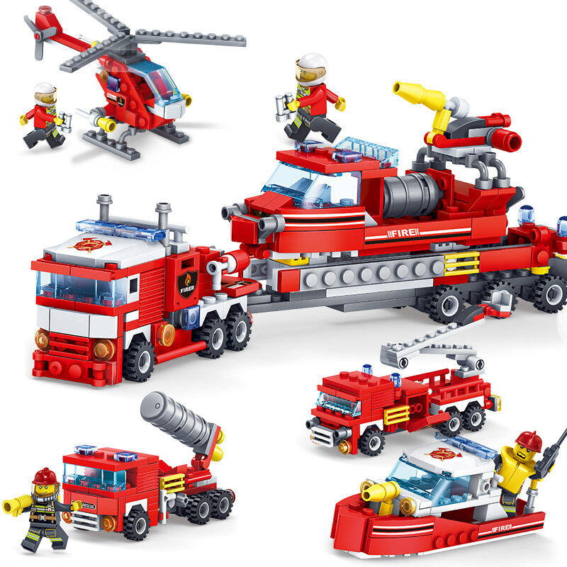 Fire Fighting 4in1 348pcs Trucks Car Helicopter Boat Building Blocks Compatible city Firefighter figures children Toys