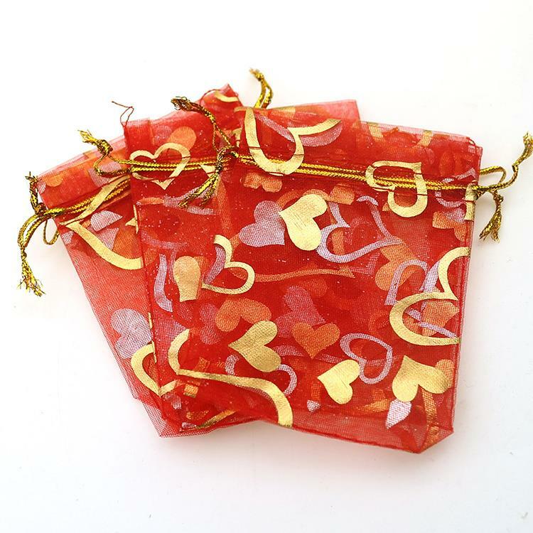 Подарочные мешочки из органзы с красным сердцем, маленькие мешочки для подарков 7x9 см, 100 шт./лот, оптовая продажа