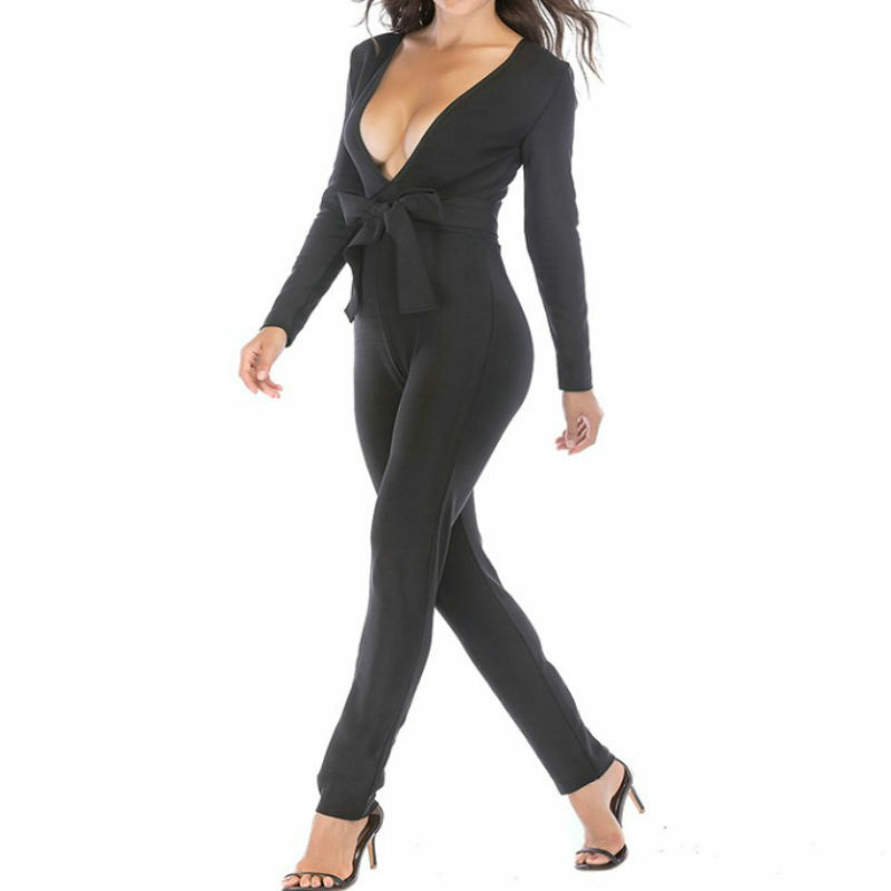 Женский Облегающий комбинезон, черный облегающий комбинезон с глубоким V-образным вырезом, длинные брюки-карандаш с бантом для вечевечерние НКИ в клубе