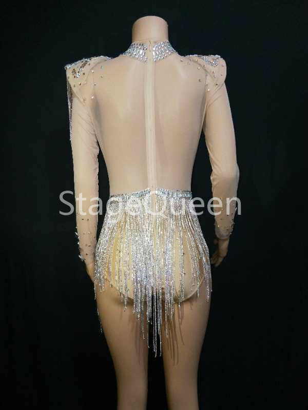 Besar Berkilau Fashion Kristal Jaring Bodysuit Rhinestones Rantai Pinggiran Pakaian Klub Malam Pesta Memakai Melihat Melalui Kostum