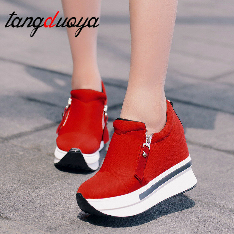 Zapatillas de plataforma para mujer, zapatos informales rojos, cómodos, de lona negra, con cuña invisible