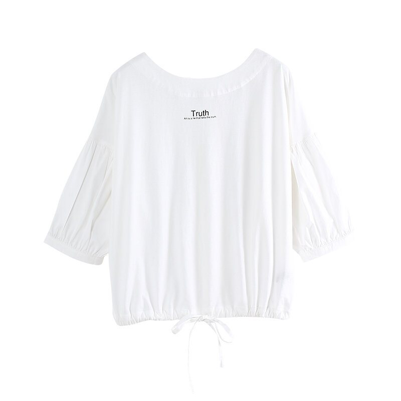 Toyouth New Outono Coreano Branco Lanterna Mangas Blusas Mulheres Camisas de Algodão Carta O-pescoço Fêmea Solta Blusa Camisas Mujer