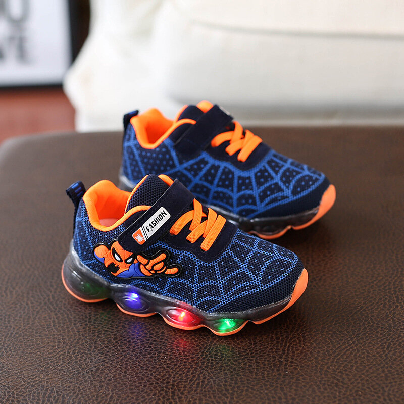New Spring Spiderman Children Shoes With Light Kids Led Shoes Luminous Glowing Sneakers Baby Toddler Girls Antiskid Shoes