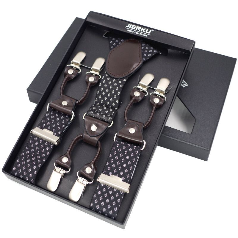 Suspensorio JIERKU Braces Suspender 6 Klip Manusia Baru Fashion Celana Tali Ayah/Suami Hadiah dengan Kotak Warna 3.5*120 cm