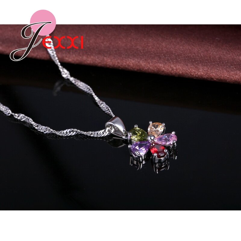 Bersinar Bunga Berwarna-warni CZ Liontin Kristal Set Perhiasan 925 Sterling Silver Pendant Necklace + Menjuntai/Hoop Anting-Anting Set