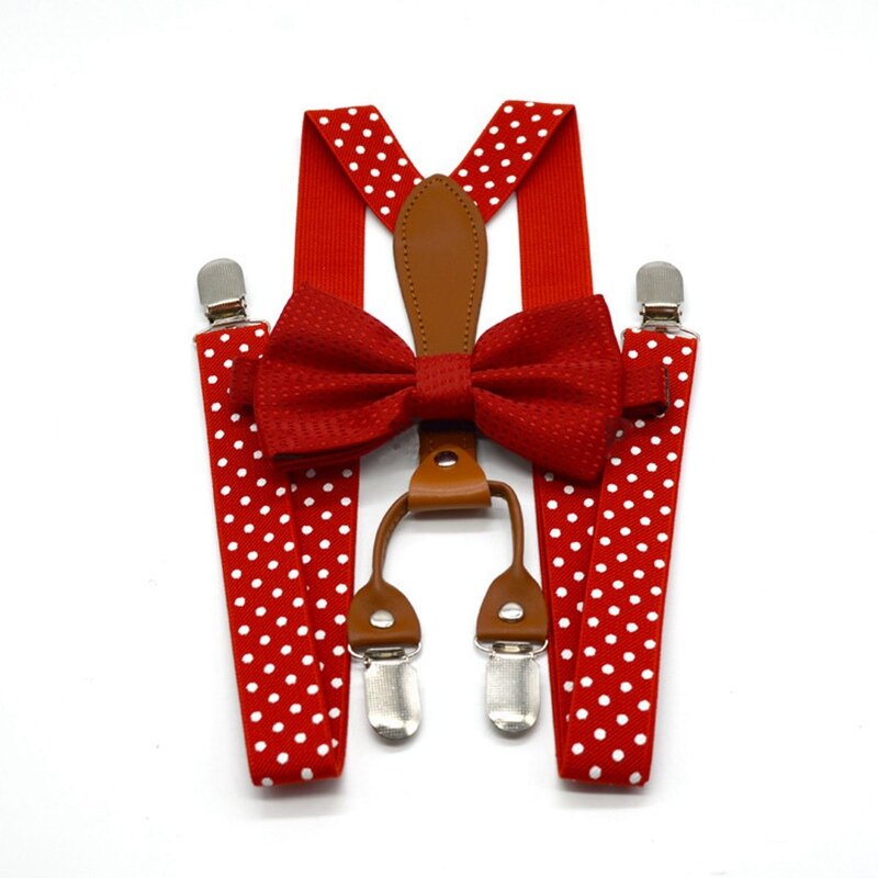 Yienws Polka Dot Bow Tie Suspenders for Men Women 4 Clip Leather Suspensorio Adult Bowtie Braces for Trousers Navy Red YiA119