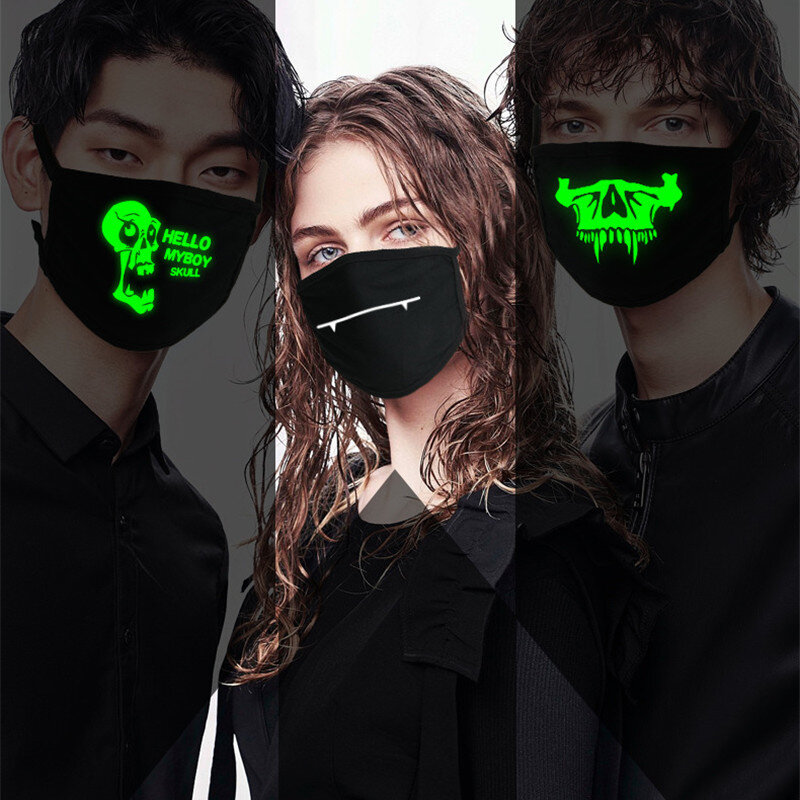 Máscara de boca luminosa negra Noctilucent Kawaii Anime diente Anti-polvo contaminación máscaras de tela de algodón Anti-polvo contaminación las máscaras