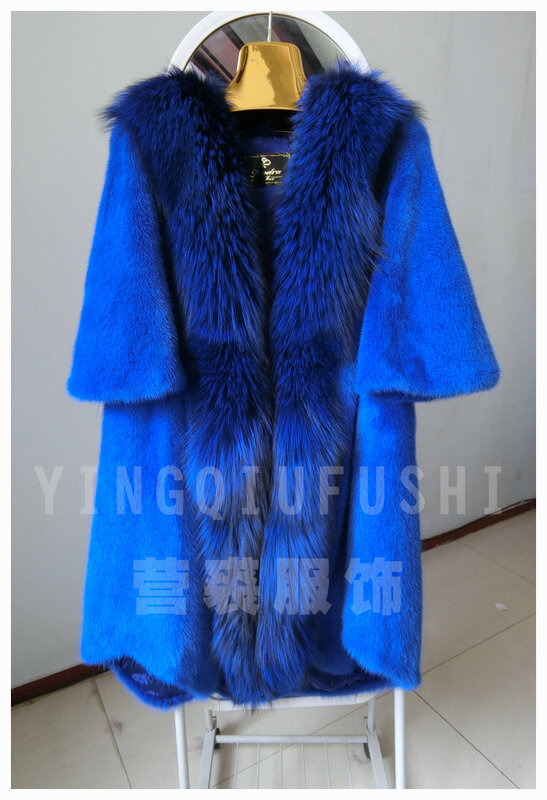 Women real mink fur coat large fox fur collar plus size mink fur outerwear medium-long marten overcoat female