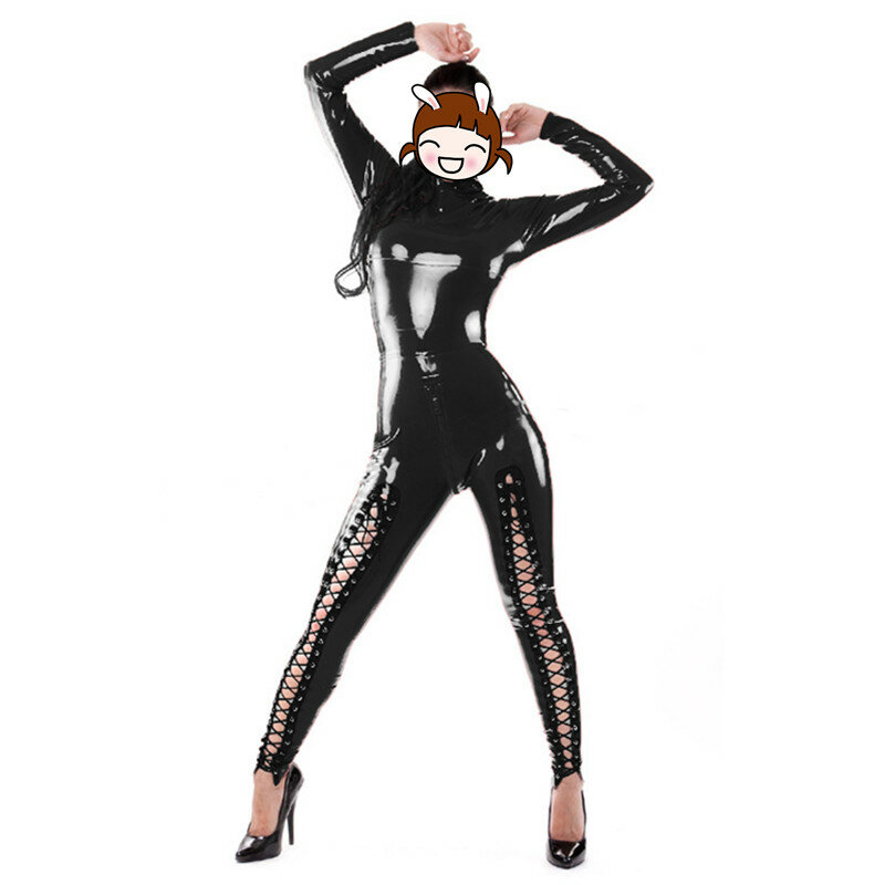 Sexy Latex Catsuit Erotic Black Faux Leather Leotard Rivet Lace Up Turtleneck Bodysuit 2016 Costumes Wetlook Catsuit Jumpsuit