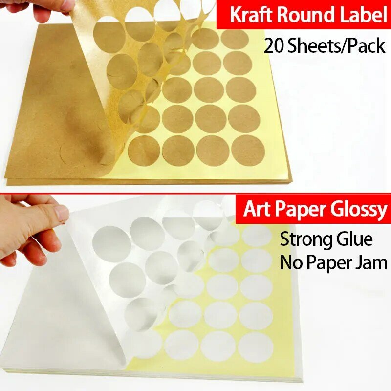 Kraft/bianco lucido etichette tonde 20 fogli stampa adesivi circolari per stampante a getto d'inchiostro e Laser 2cm 2.5cm 3cm 3.5cm 4cm 5cm 6cm