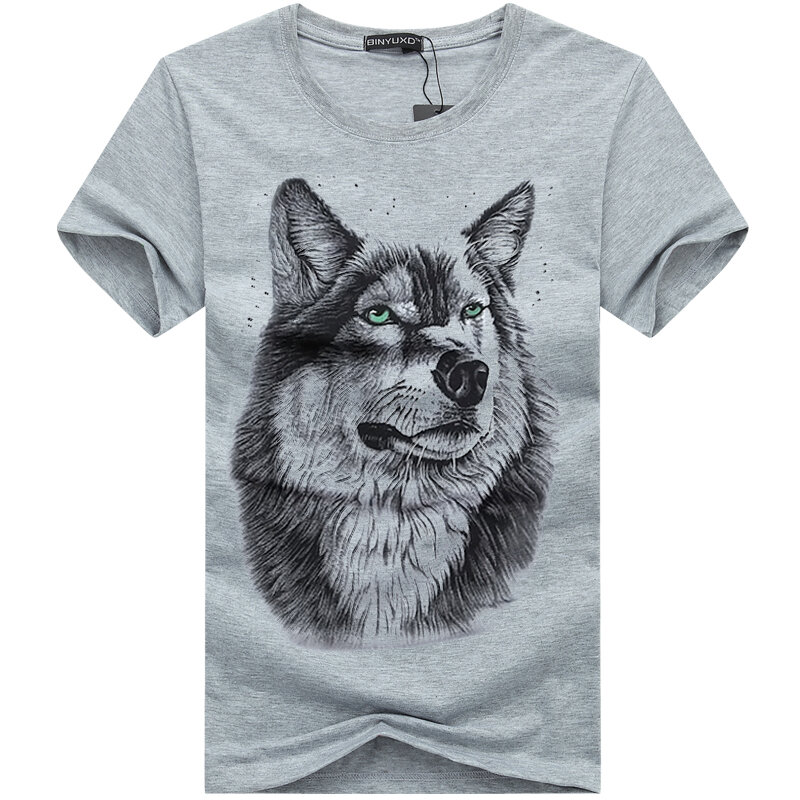 BINYUXD-T-shirt manches courtes pour homme, estival et à la mode, avec tête de loup 3D, grande taille