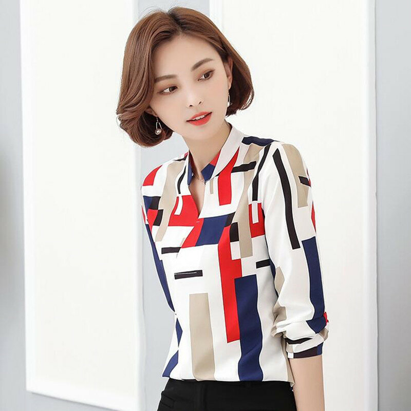 시폰 여성 블라우스 긴 소매 v-칼라 슬림 봄 가을 새로운 한국어 격자 무늬 셔츠 사무실 숙녀 하단 작업 탑 의류 h9032