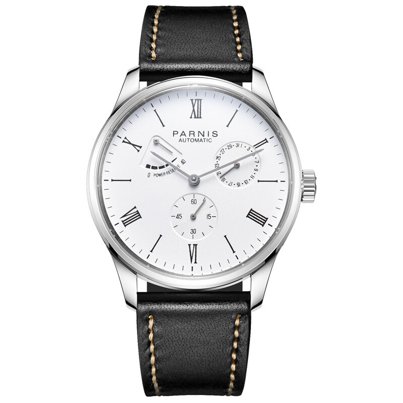 Parnis-41.5MM 로즈 골드 케이스 기계식 자동 남성용 시계, 블루 다이얼 파워 리저브 남성용 시계