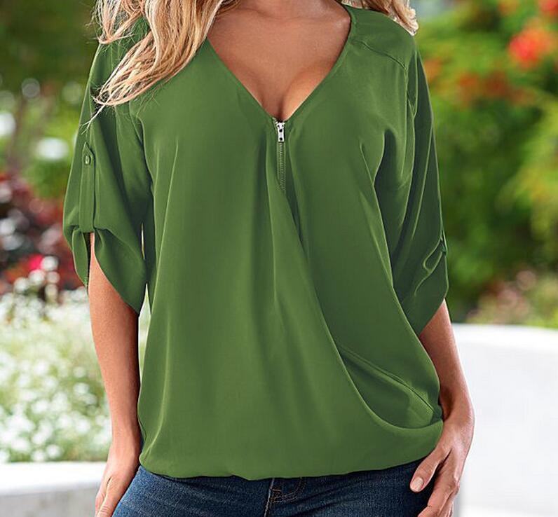 S-5XL Blouses Losse shirt Wit, Rood, Zwart, blauw Sexy Vrouwen See Through Chiffon Shirts V-hals Half Casual Blouse Tops Plus Size