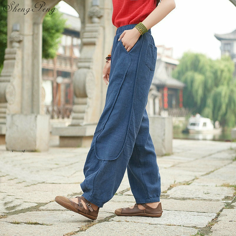 Pantalones holgados con bolsillos de Color sólido para mujer, pantalón Vintage de lino y algodón con cintura elástica, pierna ancha, largo completo, Q801, Otoño, 2019