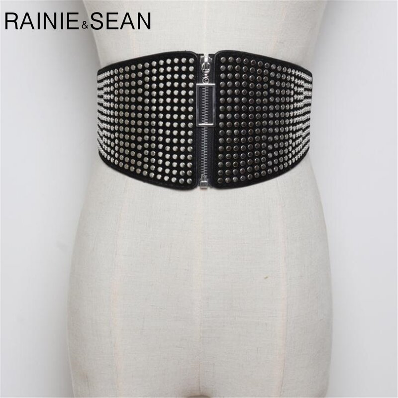 RAINIE SEAN Belts Cummerbunds For Women Punk Elastic Rivet Extra Wide Ladies Belt Waist Belt Black Leather Corsets